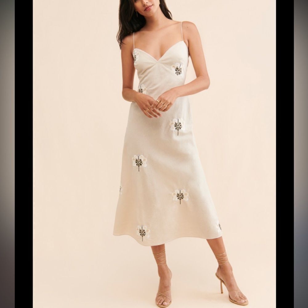 Sachin + Babi Cream Midi Dress with Floral Embroidery
